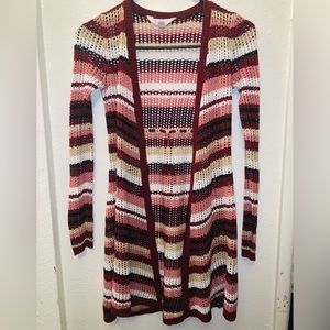 No Boundaries XS Multicolored Hollow Out Crochet-Knitted Striped Open Cardigan